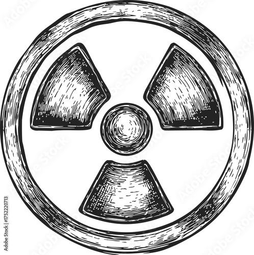 Radiation warning symbol sketch, hand drawn trefoil hazard sign in black and white — stock vector