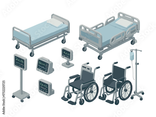 Hospital equipment set with beds, wheelchairs, monitors, and iv stand