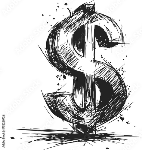 Dollar sign sketch hand drawn with bold ink lines and splatter effect — stock vector