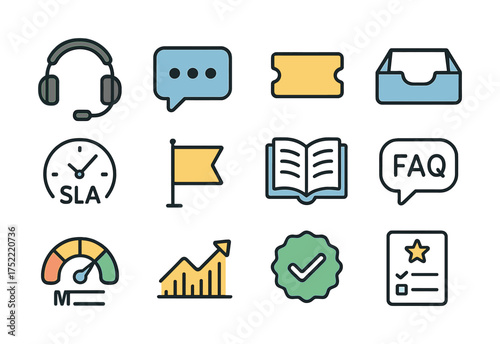 Customer support icons set: headset, chat, ticket, sla, performance, faq, checklist