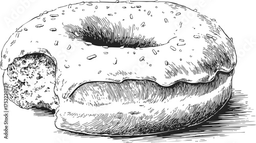 Donut sketch hand drawn with glaze and sprinkles, bitten pastry detailed — stock vector