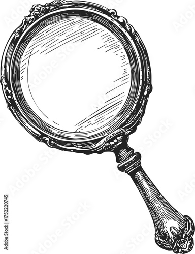 Magnifying glass sketch, hand drawn vintage ornate handle, detailed engraving — stock vector