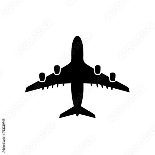 Silhouette of a wide-body jet airplane with four engines seen from above