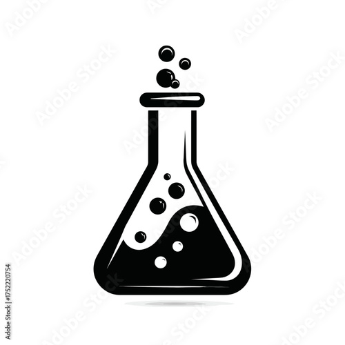 Stylized black and white vector icon of a conical Erlenmeyer flask with bubbling liquid, representing chemistry, science, and laboratory experiments.