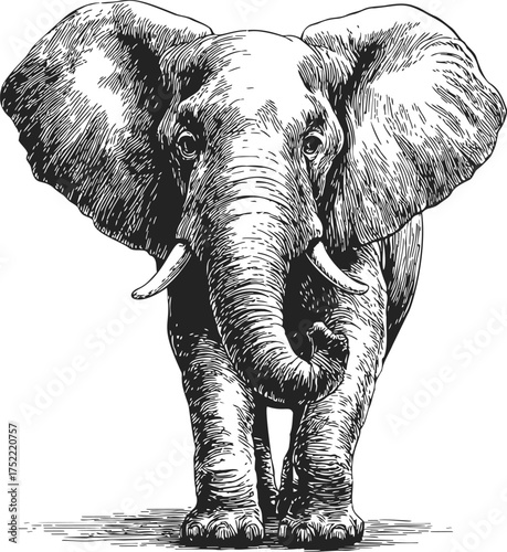 Elephant sketch hand drawn front view with detailed line art style — stock vector