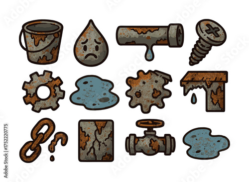 Rusty objects collection: pipe, screw, gear, valve, water drop, and more