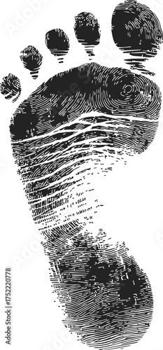 Footprint sketch hand drawn detailed black ink textured sole imprint — stock vector
