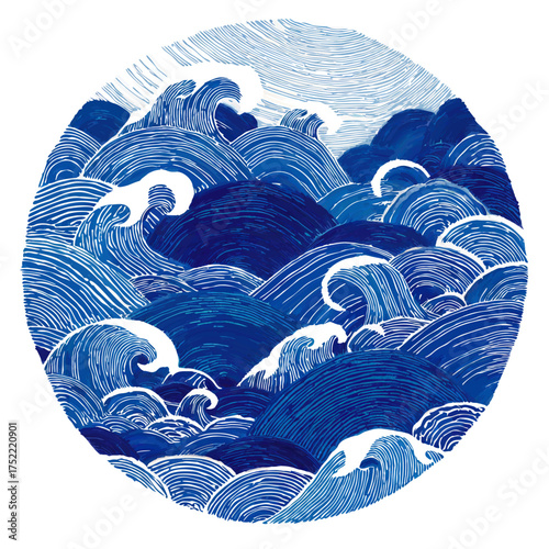 Crashing waves in a circular sea scene