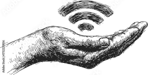 Hand holding wifi symbol sketch, hand drawn style, wireless connectivity concept — stock vector