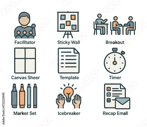Facilitation tools: sticky wall, breakout, canvas, timer, markers, template, icebreaker, recap