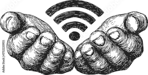 Hands sketch holding wifi symbol, hand drawn style, wireless connectivity concept — stock vector