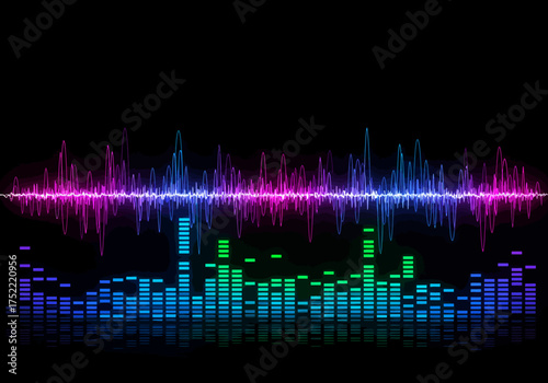 Colorful Audio Spectrum Visualizer with Oscillating Waveform on Black Background.