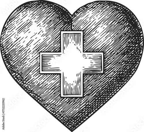 Heart with medical cross sketch, hand drawn style, healthcare symbol, detailed shading — stock vector