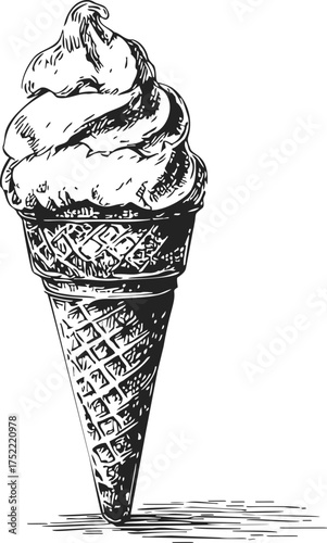 Ice cream cone sketch, hand drawn style, detailed waffle cone and soft serve swirl — stock vector