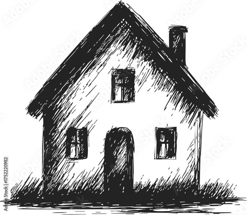 House sketch hand drawn line art with windows and chimney — stock vector