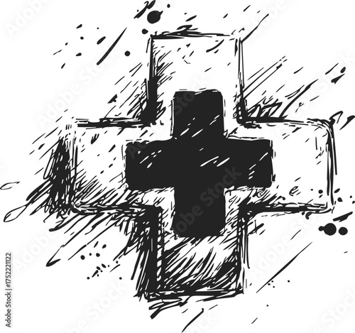 Cross grunge sketch hand drawn with ink splatter and rough lines — stock vector