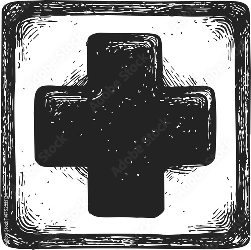 Medical cross sketch hand drawn icon in rough square frame — stock vector