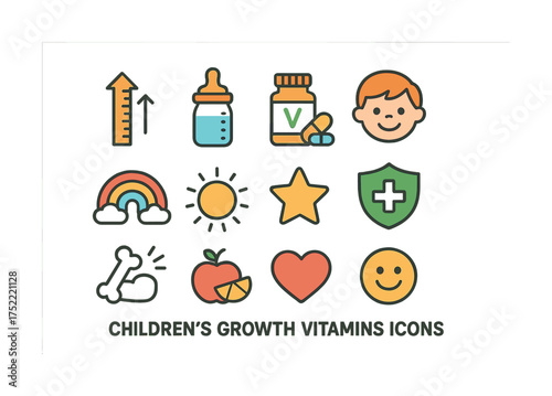 Children's vitamin icons: growth, health, nutrition symbols for kids