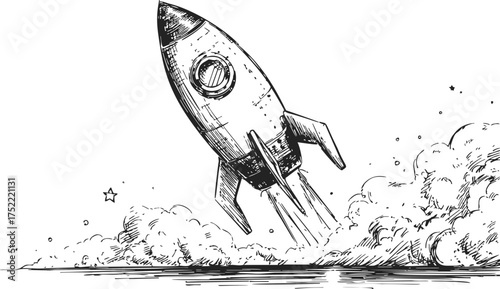 Rocket sketch hand drawn launching into space with smoke and stars — stock vector