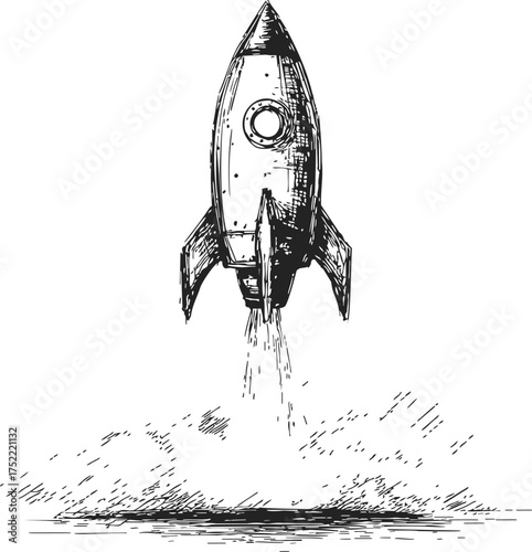 Rocket sketch hand drawn launching with smoke and flames — stock vector