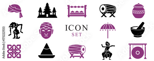 Javanese traditional culture icon set. Simple flat vector illustration of Indonesian heritage symbols. Silhouette design for web and print