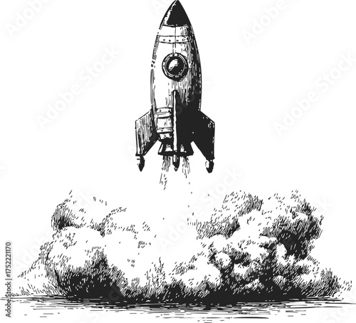 Rocket launch sketch, hand drawn style with smoke and dynamic liftoff scene — stock vector