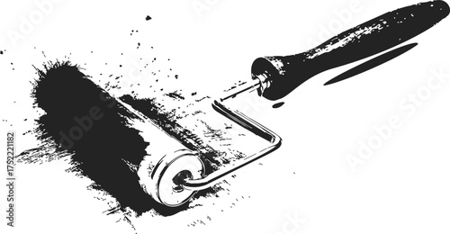 Paint roller sketch, hand drawn style with splattered paint effect — stock vector