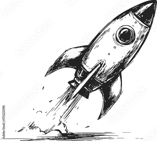 Rocket sketch hand drawn launching into space with smoke trail — stock vector