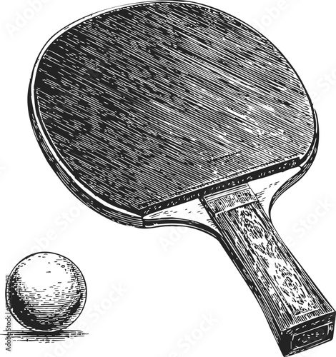 Ping pong paddle sketch, hand drawn style with ball, vintage engraving — stock vector