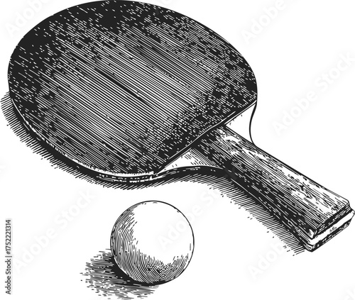 Ping pong paddle and ball sketch, hand drawn style, vintage sports equipment illustration — stock vector