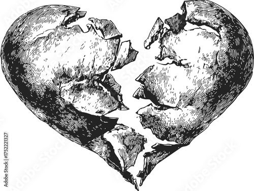 Broken heart sketch hand drawn illustration with detailed cracks and textured shading — stock vector