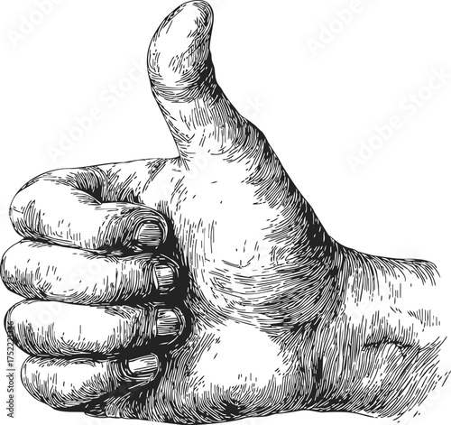 Thumbs up hand gesture sketch, hand drawn style, detailed approval sign — stock vector