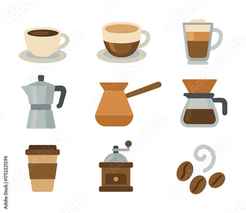 Diverse coffee icons: cups, brewing methods, and beans in flat design