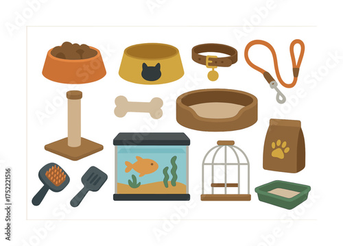 Essential pet supplies: bowls, leash, collar, litter box, cage, fish tank, cat tower, food