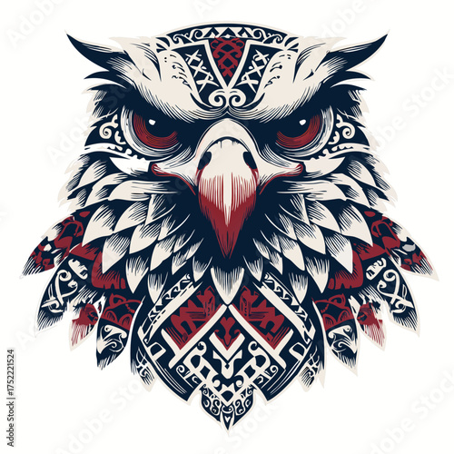 Intricate avian head with bold colors and tribal patterns