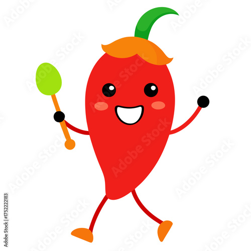 Happy red chili pepper character vector illustration dancing with a maraca isolated on white background
