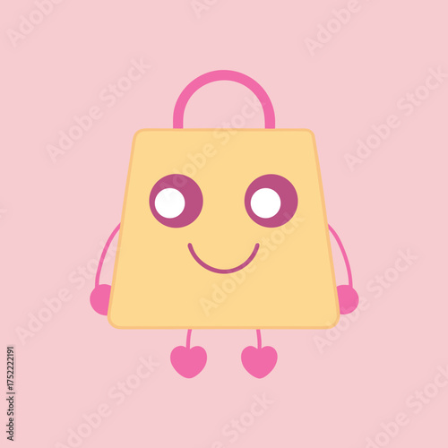 Kawaii shopping bag character vector illustration adorable cute smiling face isolated on white background