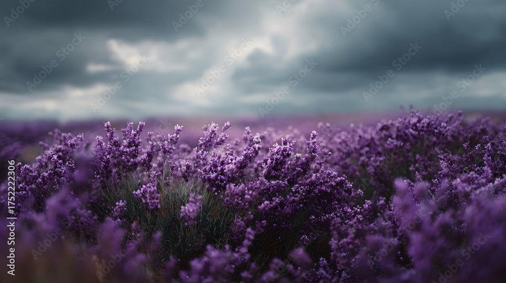 Fototapeta premium A picturesque field of vibrant purple lavender stretches towards a dramatic overcast sky evoking a sense of natural beauty and tranquility