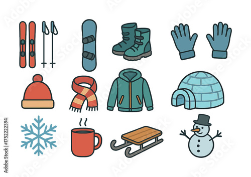 Winter sports gear and cozy accessories collection with snowman and igloo