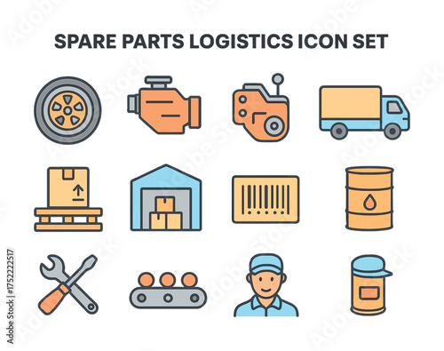 Spare parts logistics icon set with engine, warehouse, truck, tools, and packaging symbols