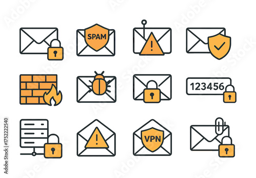 Email security icons representing spam, firewall, encryption, and vpn alerts