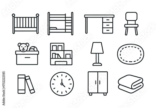 Line art icons: nursery furniture and decor collection