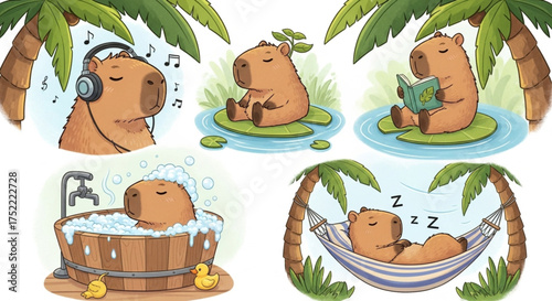 Relaxing Capybara Life – Cute Cartoon Capybara Listening to Music, Reading, Bathing & in Hammock