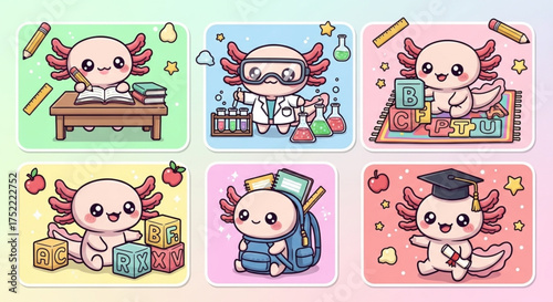 Kawaii Axolotl School Day – Cute Cartoon Axolotl Studying, Doing Science & Learning ABCs