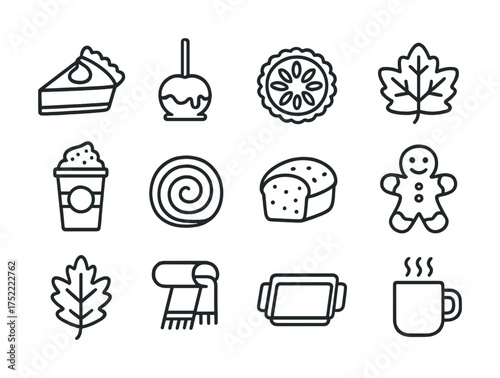 Autumn themed icon set with pie, caramel apple, leaf, coffee, bread, gingerbread, and mug