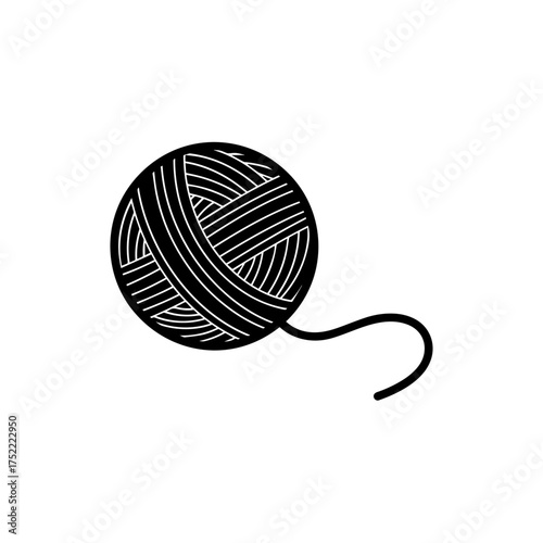 Minimalist black and white line art illustration of a yarn ball with a curving loose thread.