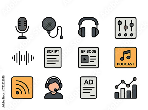 Podcasting essentials: microphone, headphones, mixer, script, episode, podcast icons