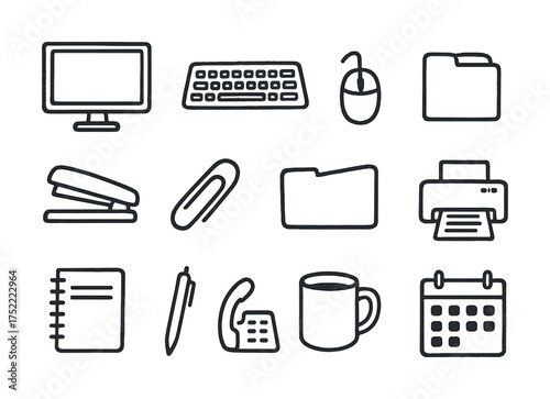 Office supplies icons: monitor, keyboard, mouse, folder, stapler