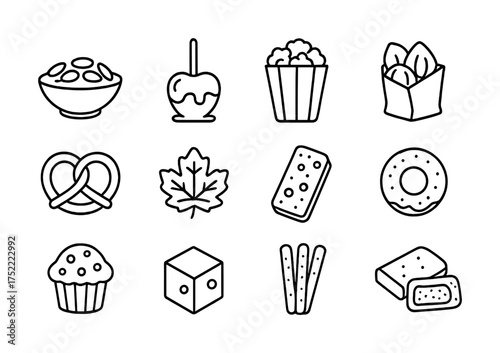 Collection of 12 snack and treat icons in black and white line art style