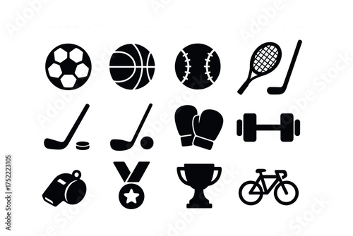 Silhouette icons of various sports equipment and trophies